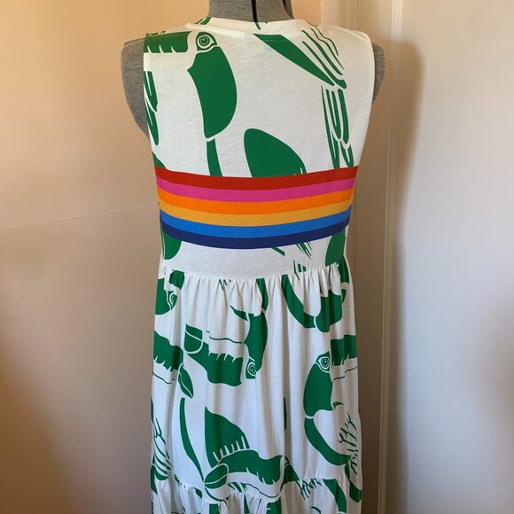 FARM RIO S Tiered Maxi Dress Rainbow Green Toucans White T-shirt Knit Comfy - Picture 5 of 9